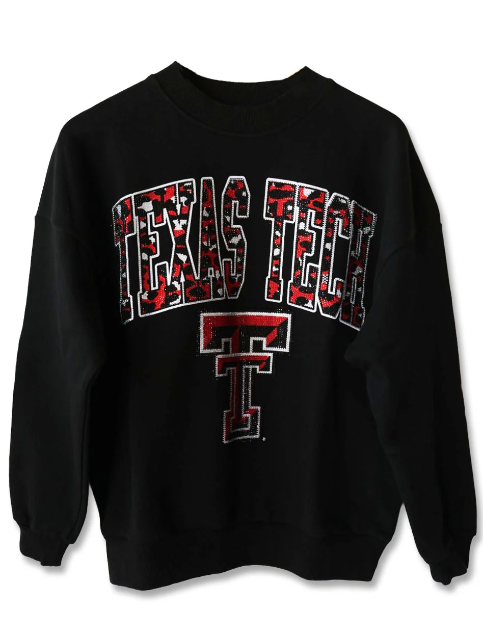 Texas Tech Red & Black Leopard Arch over Double T Rhinestone Sweatshirt
