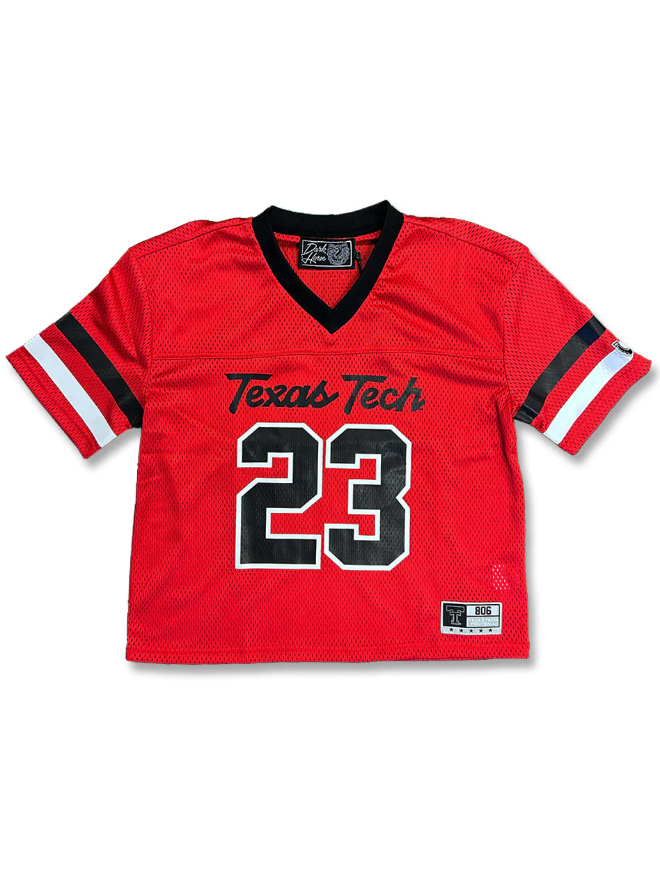 Texas Tech Dark Horse "Star Script" Red Mesh Crop Top