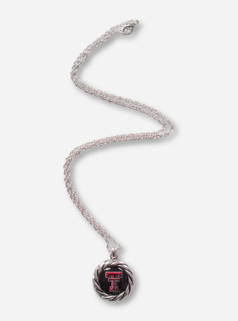Texas Tech Double T Pendant with Rope Border Silver Necklace