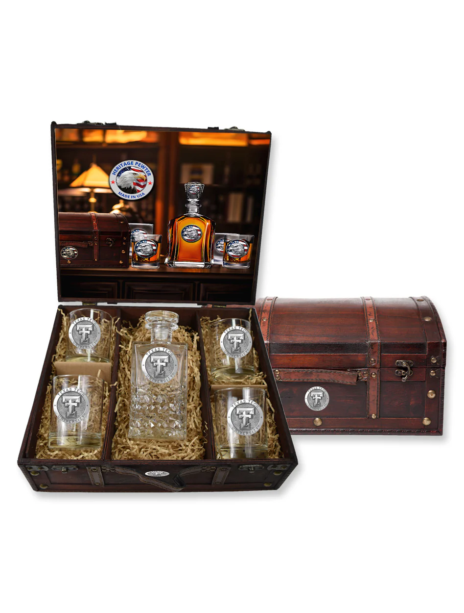 Texas Tech Heritage Pewter Heritage Decanter with 4 Double Old Fashioned Glasses in Chest