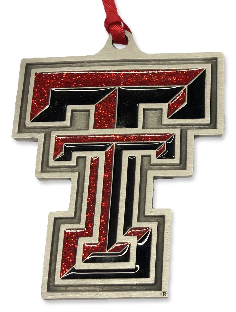 Texas Tech Red Glitter Double T Two-Sided Pewter Ornament